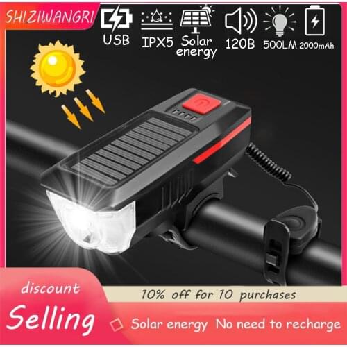 Solar Charging Bicycle Light 3 Modes LED Road Mountain Bike Front Light Waterproof Bicycle Bell Light USB Rechargeable Headlight