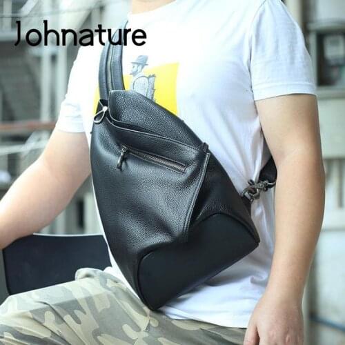 Johnature Men Chest Bag Soft Real Cow Leather 2021 New Fashion Leisure Outdoor Large Capacity Shoulder Bags Women Small Backpack