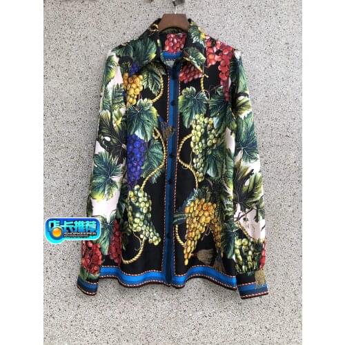 Women 2021 Spring New Silk Printed Letter Grape Shirt Twill Vintage Turn-down Collar Floral Sicily Fashion Show