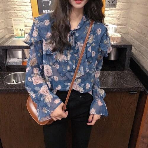 Bella philosophy Women 2020 New Floral Print Blouse Long Sleeve Korean Vintage Shirt Female Causal Cute Tops Ruffle Blusas