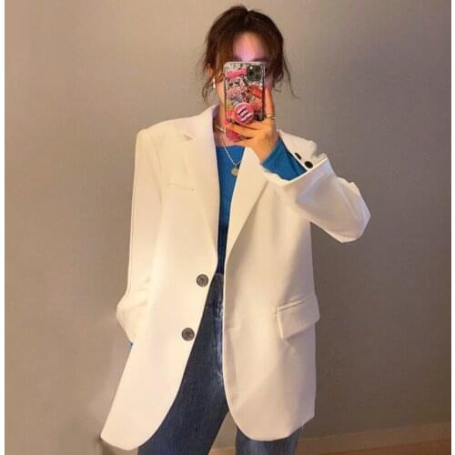 2021 spring Autumn New Korean Womens Suit Collar Loose Two Button Casual Double Pocket Cardigan Blazer Coats Ladies Z001