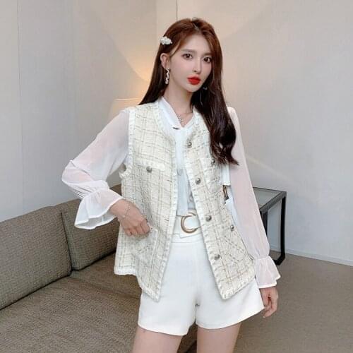 New 2021 Fashio Women Single-Breasted Tweed Woolen Vest Vintage O Neck Sleeveless Female Vest Outerwear Chic Tops