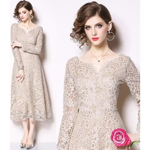 2019 Spring New Womens V-neck Plus Long Hook Flower Hollow Lace Dress Elegant Dress