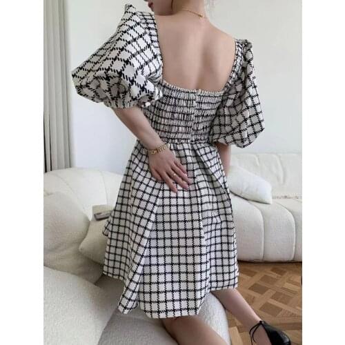 2021 Summer Women Mini Dress Puff Sleevess Pleated Plaid Polka Dot A-line Square Collar Robes Ladies High Waist Slimming Dress
