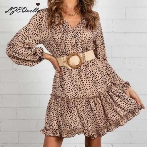 LZEQuella V-Neck Dot Print Mini Dress Women Long Sleeve Spring Summer Ruffles Pleated Boho Dresses Elegant Daily Clothes 2021