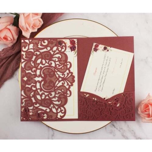10pcs/lot pearl paper pocketfold cards Laser Cut Wedding invitation Cards three folded Greeting cover for party supplies