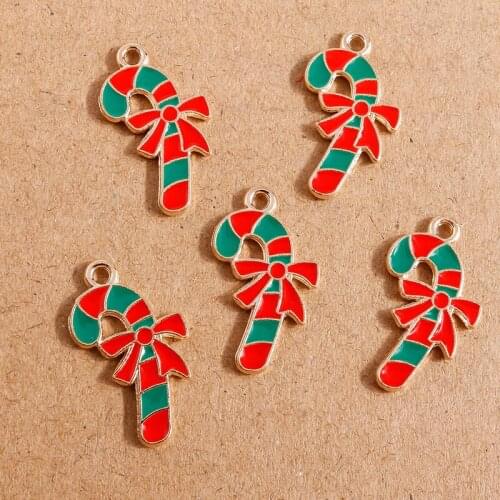 10pcs 14*23mm Enamel Christmas Bowknot Crutch Charms Pendant for Jewelry Making Cute Earrings Necklace Keychain DIY Craft Supply