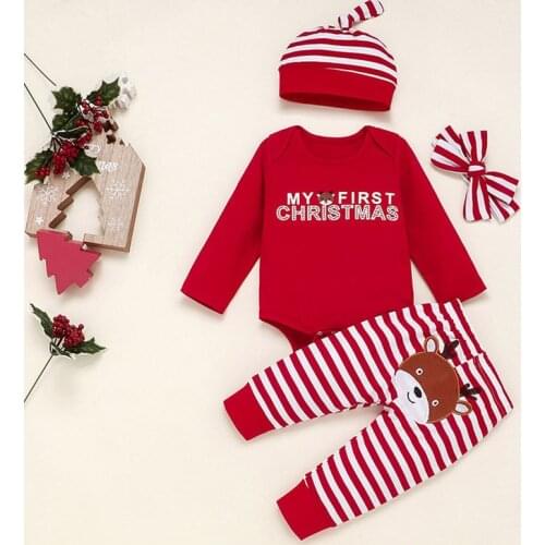 4Pcs Christmas Baby Clothing Sets Girls Boys New Fashion Toddler Letter Print Tops And Striped Pants Outfits With Hats Heandband