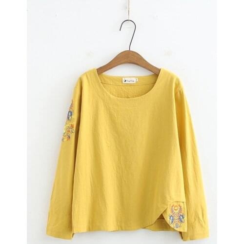 Plus Size Womens Full Cotton Blouse Spring Autumn Long Sleeved Blusas Ladies' Loose Vintage Floral Embroidery Tops