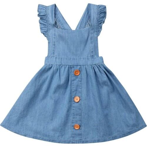 2019 New Toddler Kids Baby Girl Ruffles Sleeveless Backless Denim Dress Overalls Button One Pieces Party Dresses Sundress