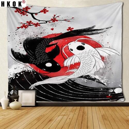 HKOK Tai Chi Fish Tapestry Wall Hanging Fabric Mural Background Cloth Wall Rugs Towel Beach Blanket Dorm Living Home Decor