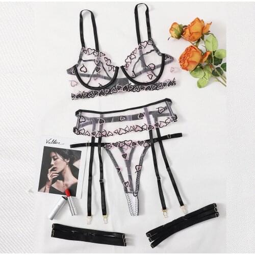 3pcs Sexy Underwear Set Fashion Heart Embroidered Womens Underwear See Through Bra Panty With Garter Lingerie Set Seamless Bras