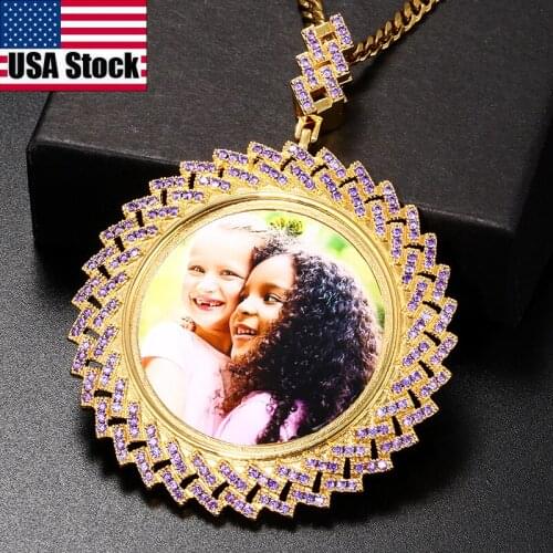 Round Custom Photo Necklace Pendant Purple Rice Grain Zircon Men Hip Hop Jewelry Personality Name Engraved Pendant Custom Gift