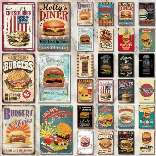 Hamburger Metal Sign Plaque Metal Vintage Fast Food Tin Sign Wall Decor for Kitchen Cafe Diner Bar Burger Metal Signs(20x30cm)
