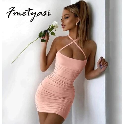 Women Summer Dress Sexy Backless Bodycon Dress Elastic Sweet Sundresses for Girls Solid Color Strap Frilly Mini Dress 2021 New