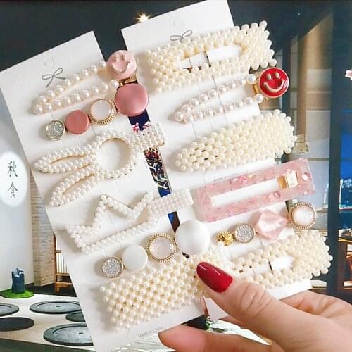 Simulated Pearl Acrylic Women Hair Clip Set Fashion Geometric Flower Smiley Hairpins For Girls Barrette Hair Accessories Wedding
