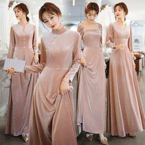 New Spring Pink Bridesmaid Dresses Velvet Long Sleeves Fall Winter Peearls Buttons obe de soirée de mariage Graduation Party