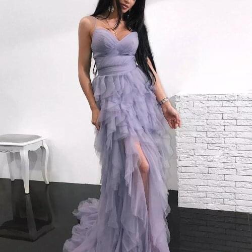 Charming Tulle Slit Backless Prom Gown Spaghetti Straps Cheap Evening Party Dresses Lavender Ruffles Skirt Formal Dress Custom
