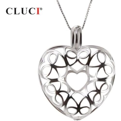 CLUCI 925 Sterling Silver LOVE Heart Shaped Cage Pendant Silver 925 Bowknot Design for Women Wish Pearl Locket Gifts SC292SB