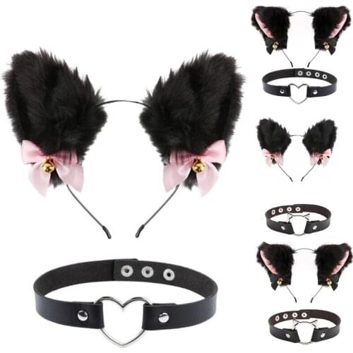 Cat Ears Headband Plush Furry Cute Cat Ears with Bow Bell Chocker Fluffy Headwear Kitten Necklace for Party Halloween
