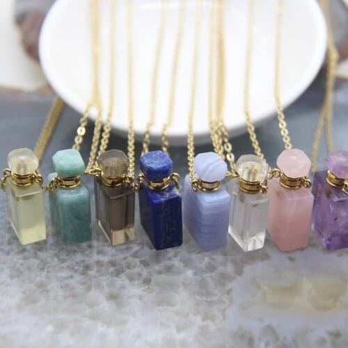 Rectangle Perfume Bottle Natural Gems stone Pendants Chains,Lapis Amazonite Quartz Essential Oil Diffuser Vial Necklace Charms