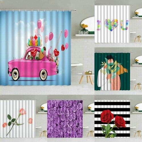 Pink Love Car Shower Curtain Balloon Rose Heart Couple Proposal Bathroom Decor Valentines Day Gift Waterproof Fabric Curtains