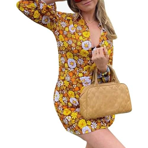 Sampic Y2K Fashion Wrap Floral Print Summer Casual Beach Sexy Mini Dress Women Chic Green Pink Long Sleeve Blouse Dress 2021