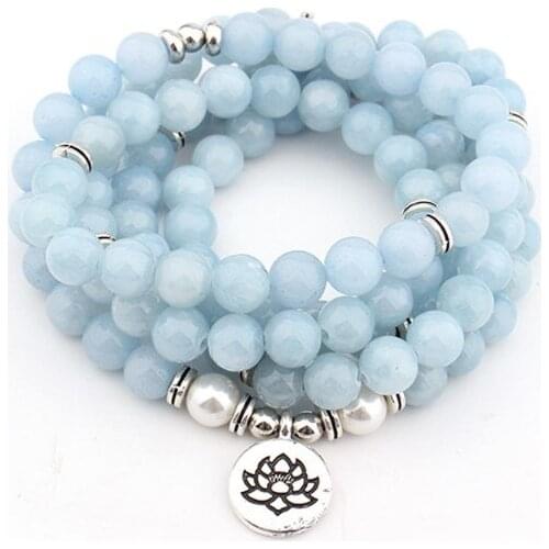 Blue 108 beads 8mm elastic adjustable Lotus life tree Buddha OM eye Chakra Reiki agate Onyx Yoga Bracelet necklace xec2