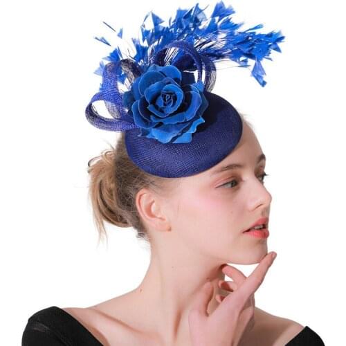 Millinery royal blue sinamay fascinator wedding hat floral with feather headdress hair clip occasion church event hair accessory