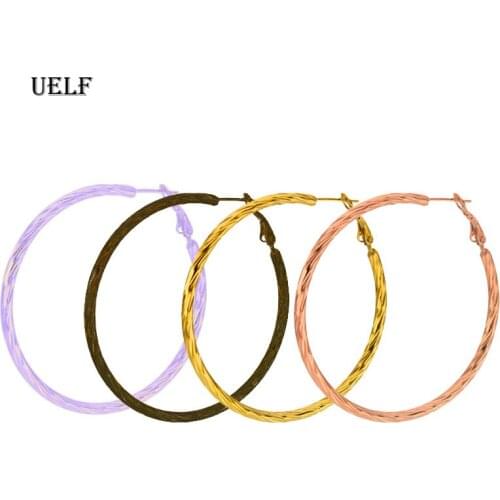 Uelf 2019 New 1Pair Vintage Silver Rose Gold Dangle Big Circle Hoop Earrings for Women Jewelry Steampunk Ear Clip Gift