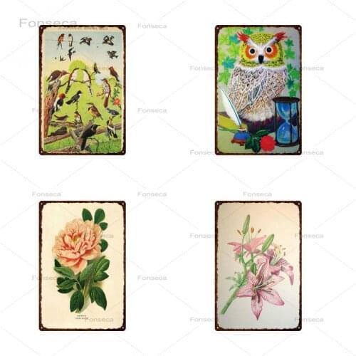 Vintage Bird Cattle Flower Metal Sign Retro Home Decoration Wall Art Retro Tin Poster For Garden Yard Iron Painting 20x30cm