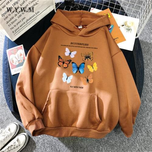 WYWM Butterfly Print Sweatshirt Women 2020 Velvet Thicken Ladies Oversized Pullover Fleece Hoodies Tops for Teen Girls Khaki