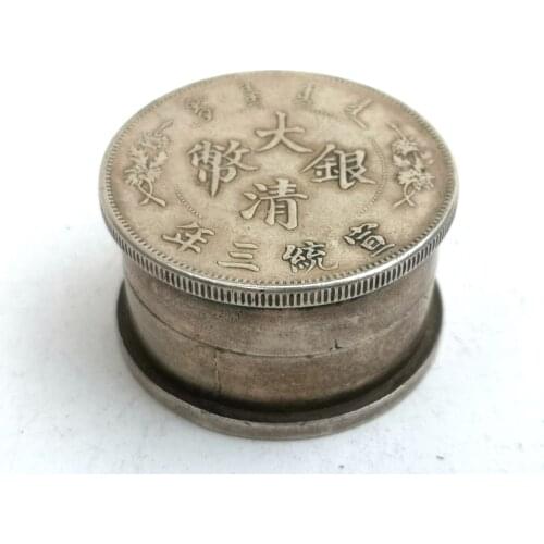 YIZHU CULTUER ART Collection Old China Copper Silver Carving Inlay Qing Xuantong Coin Seal Inkpad Box Decoration