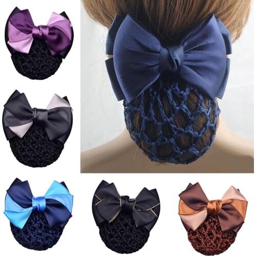 Satin Bow Barrette Stylish Floral Lace Official Lady Hair Clip Cover Net Tulle Bowknot Bun Snood Women Hairgrip Headband Hairnet