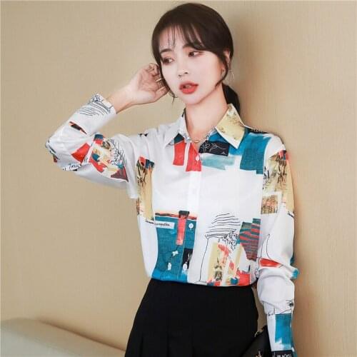 Dropshipping Spring Summer Fall Vintage Print Collar Long Sleeve Women Ladies Office Party Casual Workwear Top Shirt Blouse