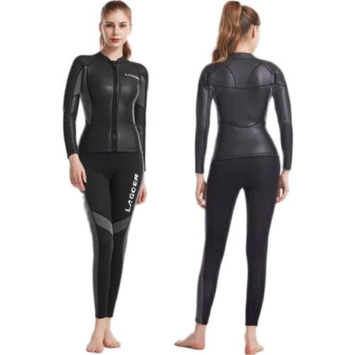 LAGCEN 2.5mm Neoprene Leather Wetsuit Women Long Sleeve Scuba Diving suit Female Surfing Snorkeling 2 pieces set Winter Swimsuit