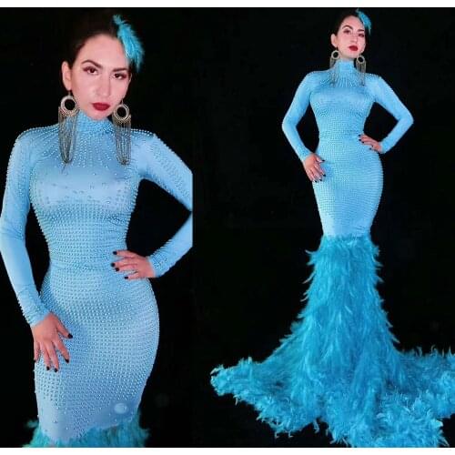Sparkly Rhinestones Feather Trumpet Dress Women Sexy Nightclub Blue Long Dress Birthday Costume Prom Celebrate Dance Wear