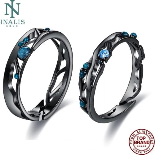 INALIS Black Adjustable Opening Ring Blue Bright Cubic Zirconia Rings 925 Silver Jewelry For Lover' Wedding Vintage Gift New