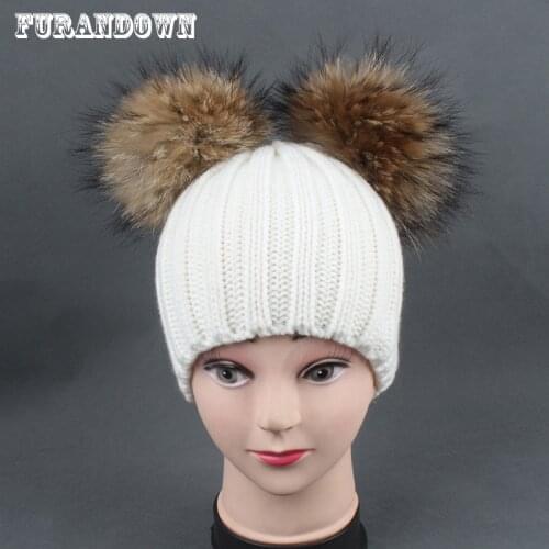 2018 Winter Baby Hat With Two Pompoms Boy Girls Pom Pom Beanie Kids Caps Real Raccoon Fur Pompom Hat for Children