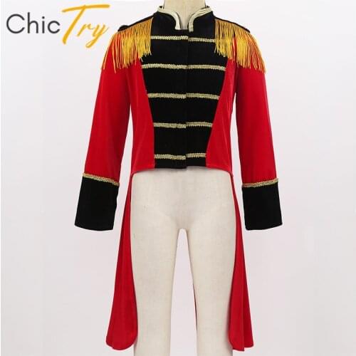Kids Halloween Long Sleeves Stand Collar Fringes Gold Trimmings Tailcoat Jacket Boys Roleplay Party Ringmaster Circus Costume