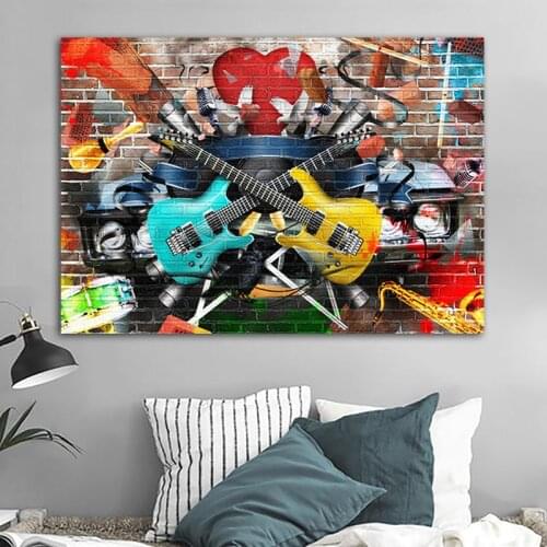 Graffiti Street Art Guitar Music Art Canvas Painting Cuadros Wall Art Picture for Living Room Home Decor (No Frame)