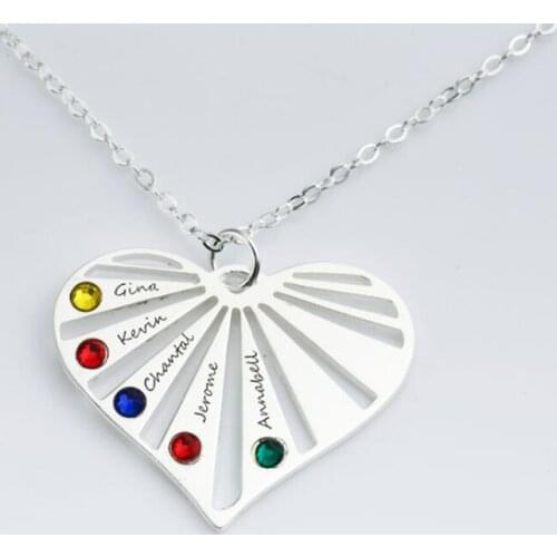 Custom Engrave 925 Solid Silver Family Name Heart Necklace Personalized Heart Birthstone 1-7 Names Pendent Charm For Mom Gifts