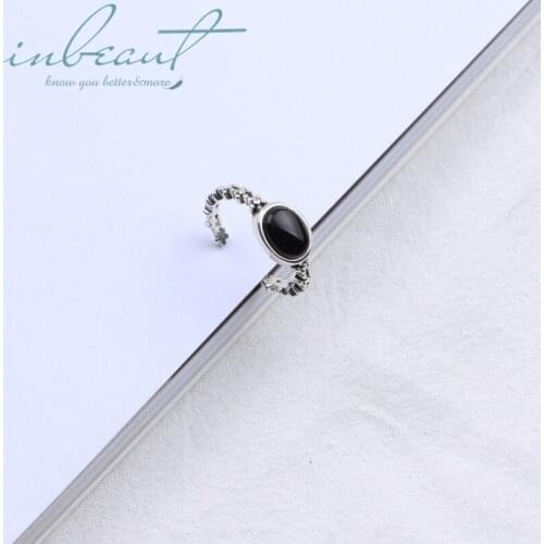 Inbeaut 925 Silver Joker Simple Oval Black Onyx Ring Original Design Female Vintage Agate Thai Ring for Women Korea Jewelry