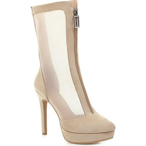 12 cm Mid-calf Mesh High Heels Thin Heel Waterproof Platform Breathable Hollow Mesh Summer Boots Womens Boots