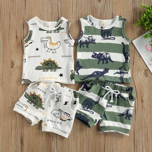 FOCUSNORM Summer Infant Baby Boys Girls Tracksuits Cartoon Dinosaur Print Sleeveless Vest + Elastic Shorts Clothes Set