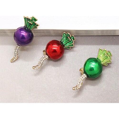 3 Color Radish Brooches Gold-color Enamel Plant Brooch Cute Badge Lapel Pins Shiny Crystal Men Women Kids Sweater Costume Clips