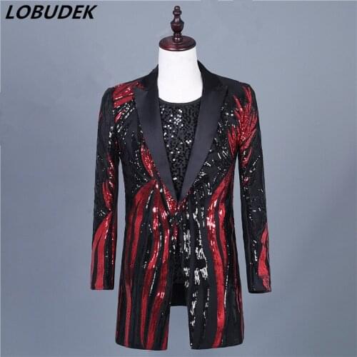 Shining Black Red Sequined Long Coat Suit Jackets Tide Male Singer Host Performance Costume Stage Sequins Show Blazers Overcoat