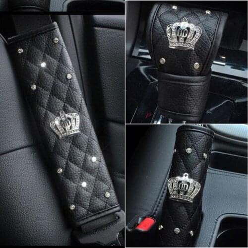 Fashion Car Seat Belt Cover Leather Seat Belt Shoulder Pad Crown Crystal Rhinestones Diamond Shiftier Gear Hand Brake Covers Set