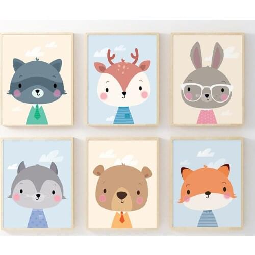 Cute Fox Raccoon Bear Rabbit Deer Wall Art Canvas Painting Nordic Posters And Prints Animal Wall Pictures Kids Room Decor