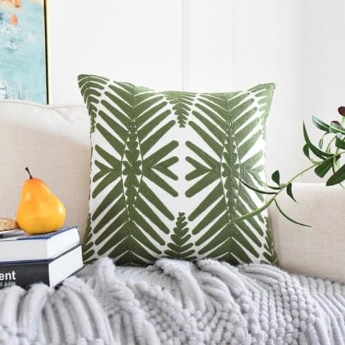 Home Decor Embroidered Cushion Cover Nordic Green Leaves Geometric Canvas Square Decorative Pillows Sofa Seat Pillowcase 45x45CM